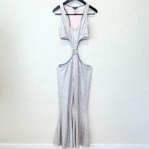 Dolls Kill Club Exx Rave EDM Jumpsuit Silver Sequin Cut Out Flare Leg Large L